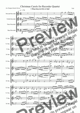 page one of Brooks-Davies, Douglas:  Seven Christmas Carols for Recorder Quartet (descant, treble, tenor, bass)