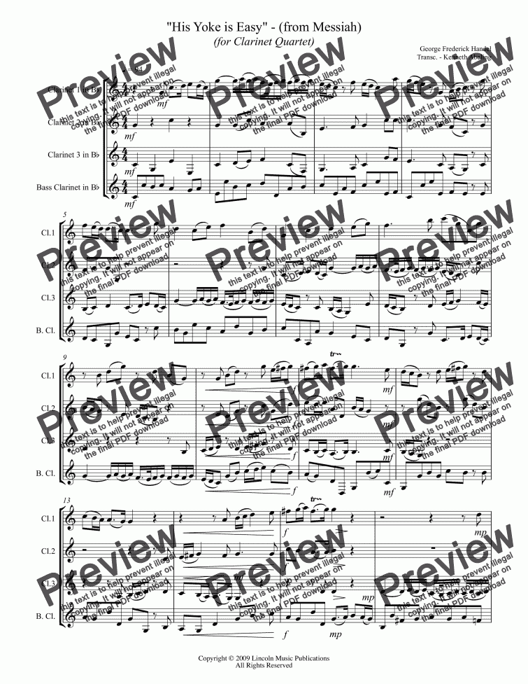 page one of Handel - Messiah - His Yoke is Easy (for Clarinet Quartet)