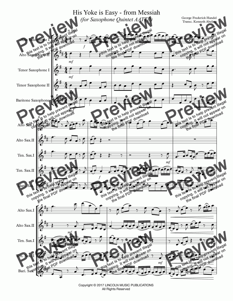 page one of Handel - Messiah - His Yoke is Easy (for Saxophone Quintet AATTB)