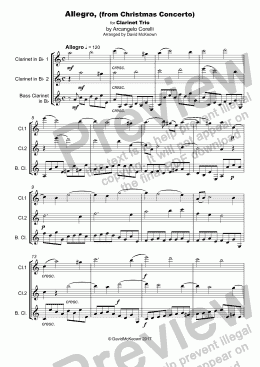 page one of Christmas Concerto, Allegro, by Corelli; for Clarinet trio