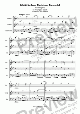 page one of Christmas Concerto, Allegro, by Corelli; for String Trio, two Violins and one Cello