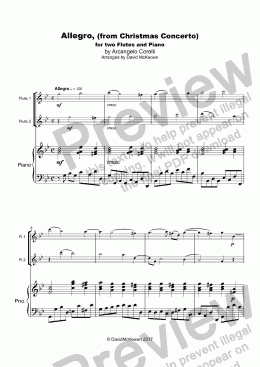page one of Christmas Concerto, Allegro, by Corelli; for Flute Duet or Solo, with optional Piano