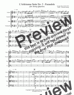 page one of Bizet - L'Arl̩sienne Suite No. 2 - Farandole (for String Quartet)