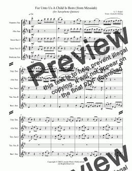 page one of Handel - For Unto Us A Child Is Born (from Messiah) (for Saxophone Quintet SATTB)