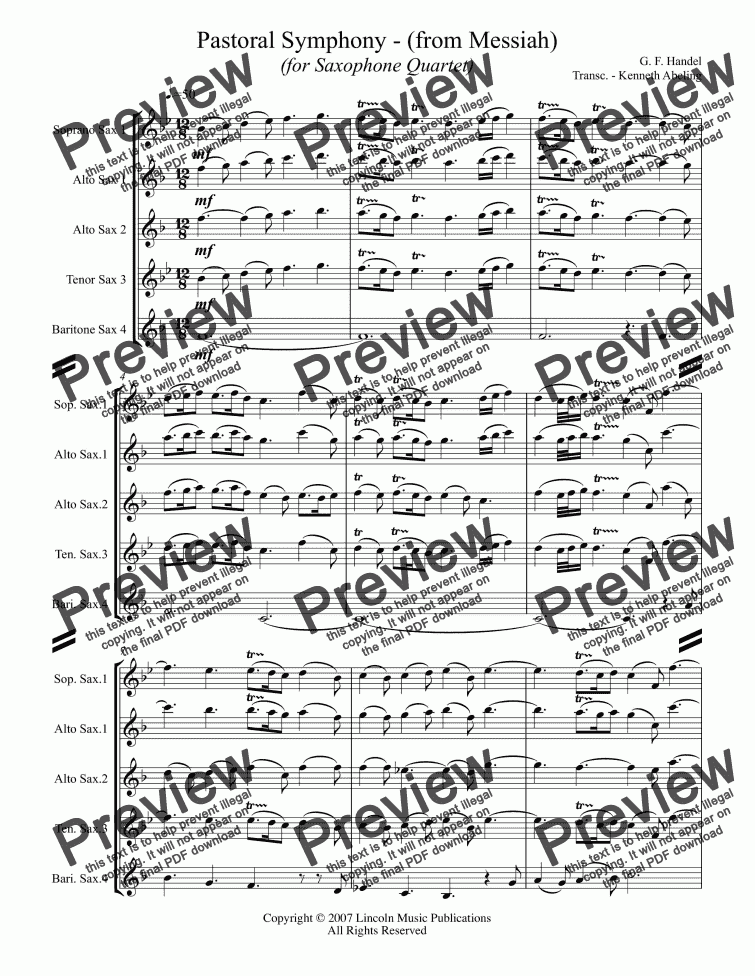 page one of Handel - Pastoral Symphony - (from Messiah) (for Saxophone Quartet SATB or AATB)