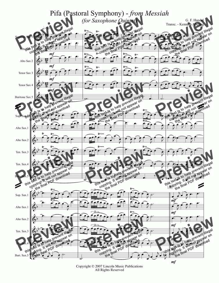 page one of Handel - Pifa (Pastoral Symphony) - from Messiah (for Saxophone Quintet SATTB or AATTB)