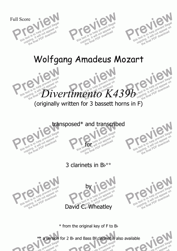 page one of Mozart - Divertimento K439b no 1 for clarinet trio (3xBb) transcribed by David Wheatley