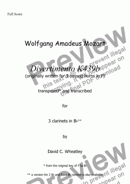 page one of Mozart - Divertimento K439b no 1 for clarinet trio (3xBb) transcribed by David Wheatley