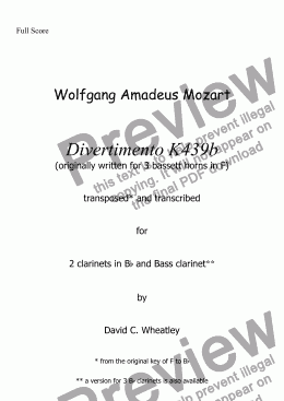 page one of Mozart - Divertimento K439b no 1 for clarinet trio (2xBb and Bass) transcribed by David Wheatley 