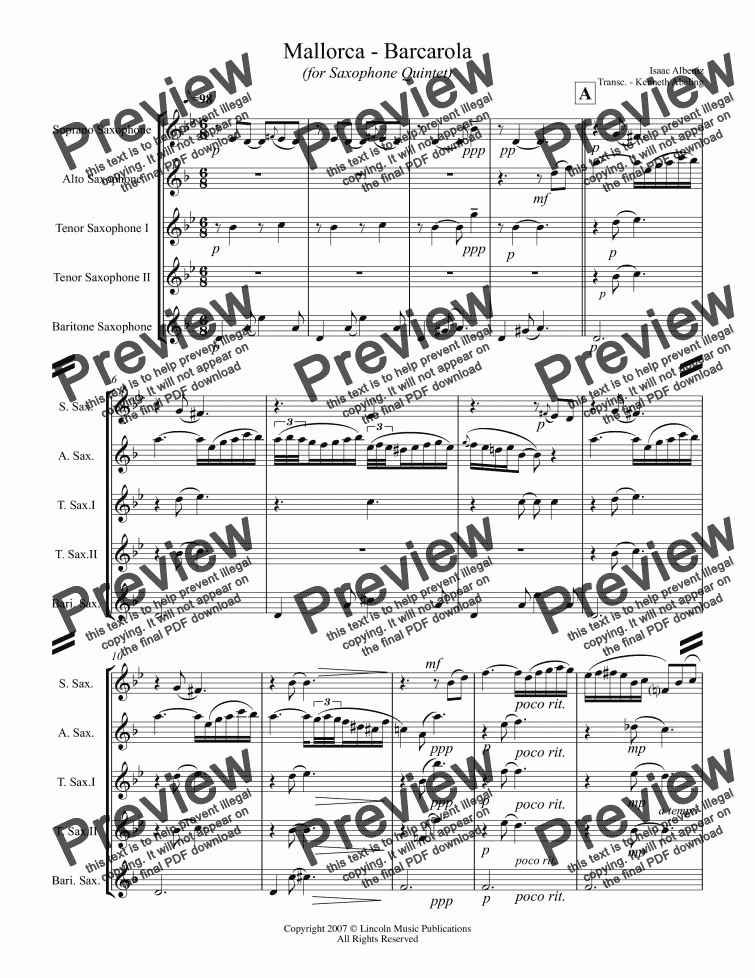 page one of Albeniz - Mallorca Barcarola (Saxophone Quintet SATTB)