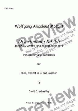 page one of Mozart - divertimento K439b no 1 for oboe clarinet and bassoon transcribed by David Wheatley