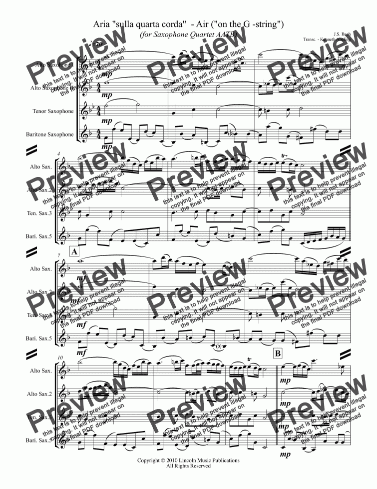 page one of Bach - Aria "sulla quarta corda" - “Air on the G-String" (Saxophone Quartet AATB)
