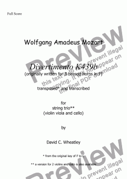page one of Mozart - divertimento K439b no 1 for string trio (violin viola and cello) transcribed by David Wheatley