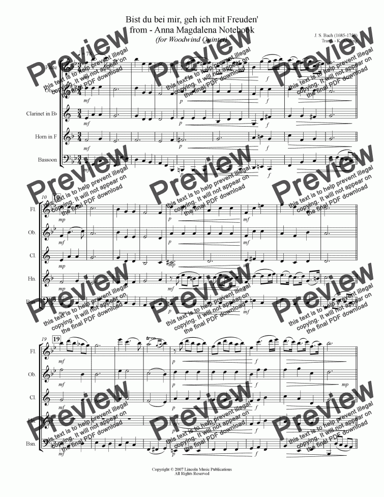 page one of Bach - Bist du bei mir, geh ich mit Freuden' (Woodwind Quintet)
