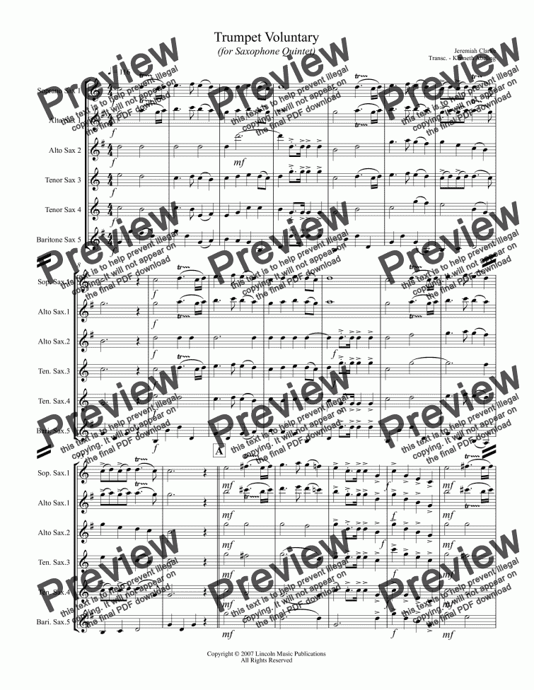 page one of Clarke - Trumpet Voluntary (Saxophone Quintet SATTB and AATTB)