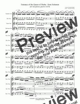 page one of Handel - Arrival of the Queen of Sheba – from Solomon (for Saxophone Quartet SATB)