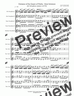 page one of Handel - Arrival of the Queen of Sheba – from Solomon (for Saxophone Quintet AATTB)