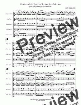 page one of Handel - Arrival of the Queen of Sheba – from Solomon (for Saxophone Quintet SATTB)