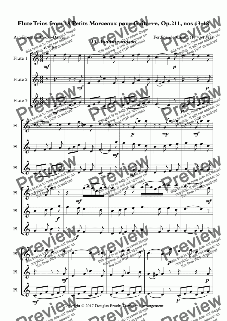 page one of Carulli, Ferdinando: Flute Trios from 18 Petits Morceaux pour Guitarre, Op.211, nos 13-18