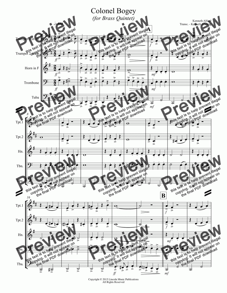 page one of March - Colonel Bogey (for Brass Quintet)