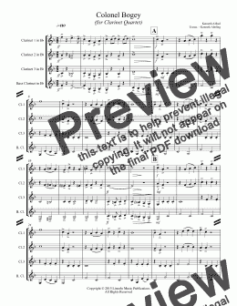 page one of March - Colonel Bogey (for Clarinet Quartet)