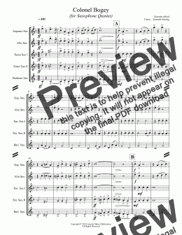 page one of March - Colonel Bogey (for Saxophone Quintet SATTB)