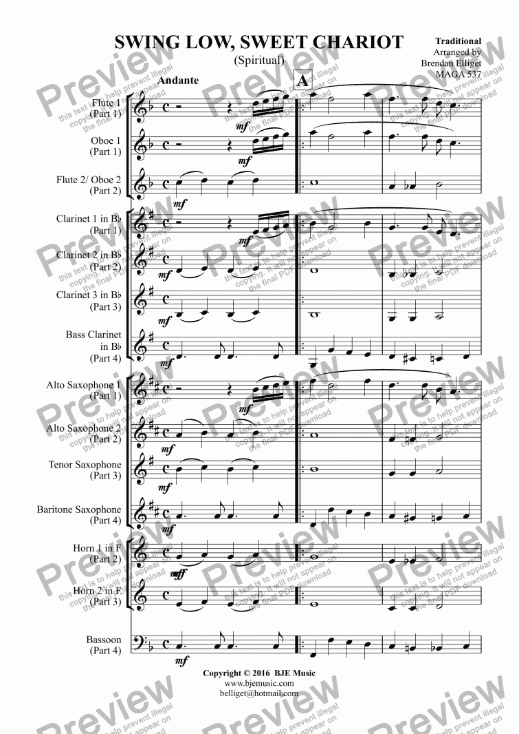 page one of SWING LOW, SWEET CHARIOT (Spiritual) - Flexible Woodwind Quartet or Ensemble