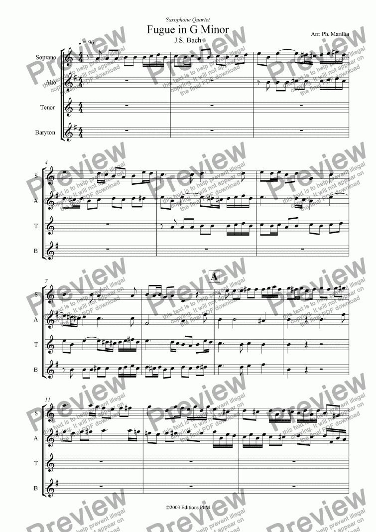 page one of Bach - Fugue in G Minor (Sax Quartet)