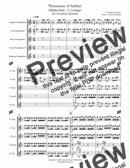 page one of Rimsky-Korsakov – “Procession of Nobles” from Mlada (for Saxophone Quintet SATTB)