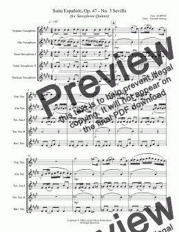 page one of Albéniz - “Sevilla” from Suite Española (for Saxophone Quintet SATTB)