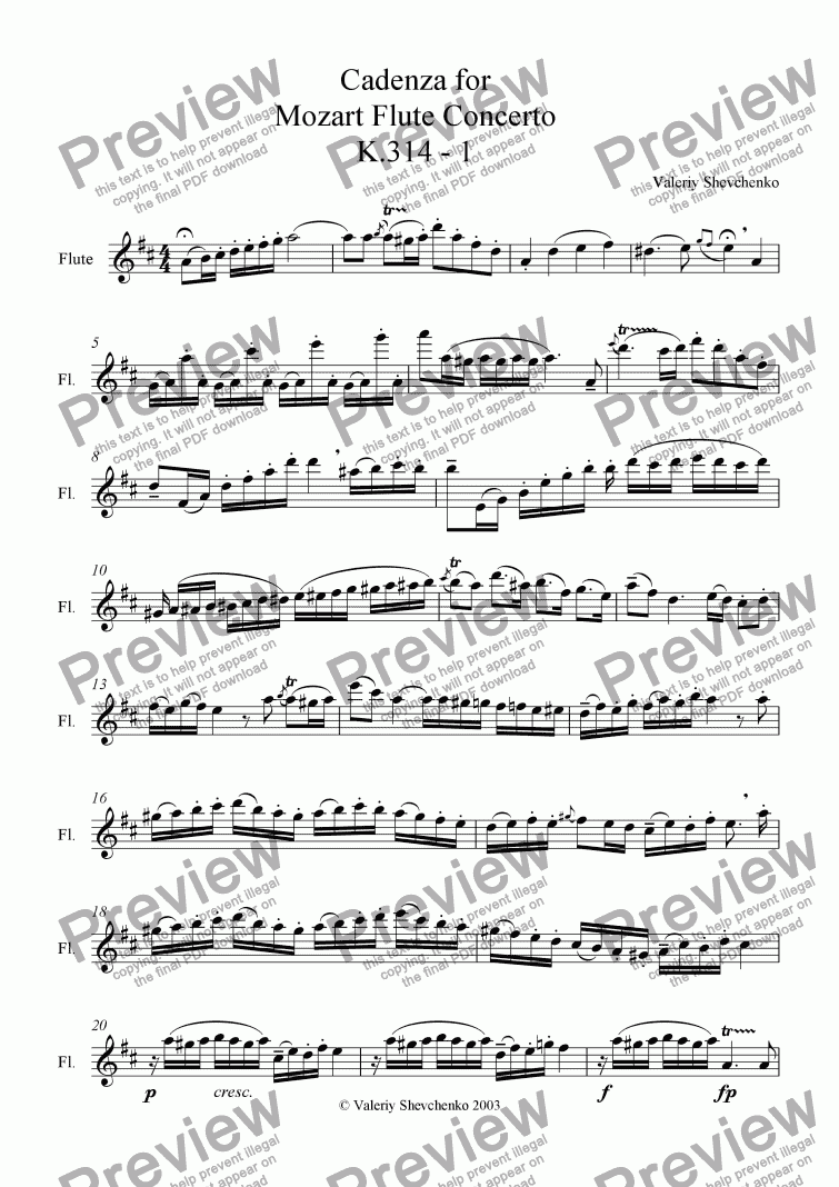 page one of Cadenza for Mozart Flute Concerto K.314 - 1