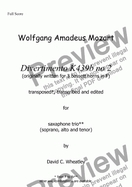 page one of Mozart - Divertimento K439b no 2 for saxophone trio (sop+alto+ten) transcribed by David Wheatley
