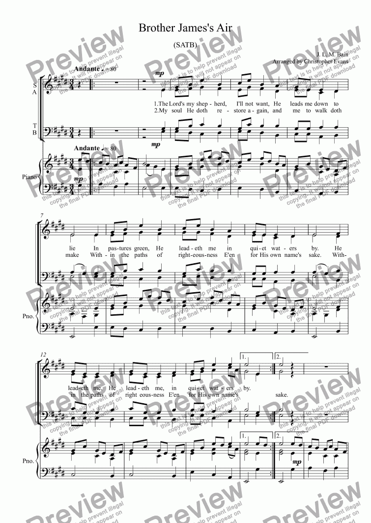 page one of Brother James's Air, Anthem for SATB (23rd Psalm)