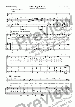 page one of Waltzing Matilda  ORCHESTRA (4 Verses) Lead Vocal and Piano Part only