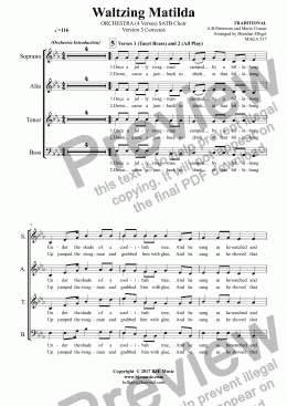 page one of Waltzing Matilda  ORCHESTRA (4 Verses) - SATB Choir Part Only
