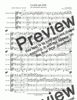 page one of Debussy - La plus que lente (for Saxophone Quartet SATB)