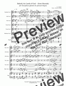 page one of Handel - Behold, the Lamb of God -  (from Messiah) (for Saxophone Quintet SATTB or AATTB & optional Organ)