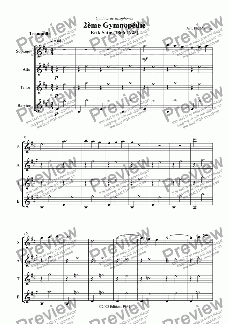 page one of Satie - Gymnopedie n�2 (Sax Quartet)