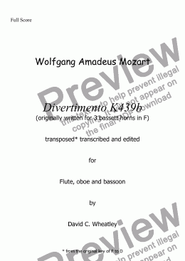 page one of Mozart - Divertimento K439b no 1 for flute oboe and bassoon transcribed by David Wheatley
