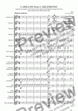 page one of CARILLON from L'ARLESIENNE originally arranged by Carol Taylor for the Angela Fussell Memorial Single Reed Day held at Kneller Hall, 29th October 2006