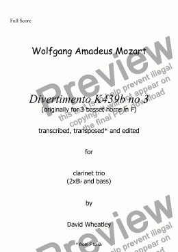 page one of Mozart - Divertimento K439b no 3 for clarinet trio (2xBb + bass) transcribed by David Wheatley
