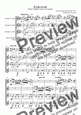 page one of Szymanowski - Krakowiak for Clarinet Quartet (3Bb & Bass)