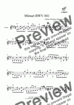 page one of Minuet BWV 841 for solo guitar