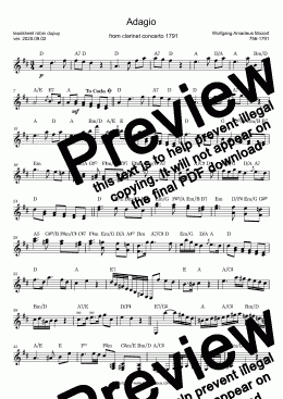 page one of Mozart - Clarinet Concerto  in A major K.622 - Adagio -  クラリネット協奏曲 (モーツァルト) - 클라리넷 협주곡 (모차르트) - Концерт для кларнета с оркестром (Моцарт) - 单簧管协奏曲 (莫扎特) - كونشرتو الكلارينيت (موزارت) - PDF - lead sheet Melody + chords