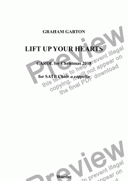 page one of CAROL - LIFT UP YOUR HEARTS CAROL - for Christmas 2018, SATB Choir a cappella with Piano reduction. Words: 18th Century American 