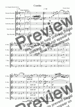 page one of MONTI, Vittorio: Czardas, arranged for Recorder Quintet (desc, treble 1,2, tenor bass) (1868-1922)