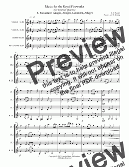 page one of Handel - Music for the Royal Fireworks (for Clarinet Quartet)