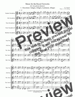 page one of Handel – Music for the Royal Fireworks (for Saxophone Quintet SATTB)