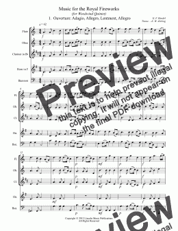 page one of Handel – Music for the Royal Fireworks (for Woodwind Quintet)