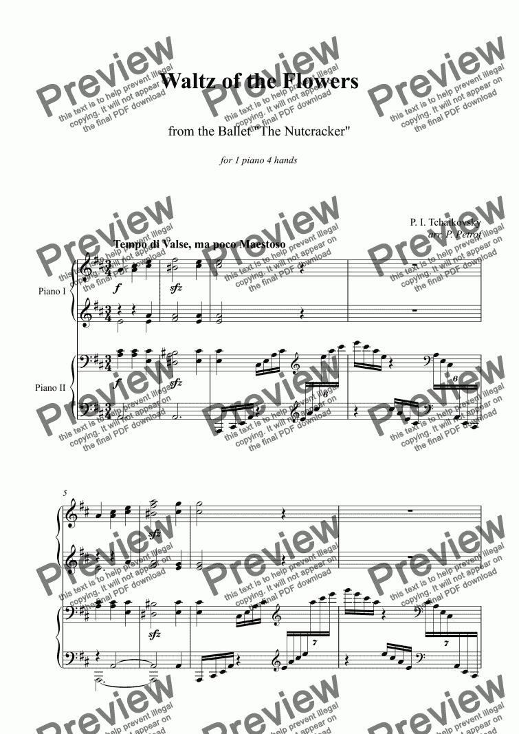 page one of Tchaikovsky - Waltz of the Flowers - piano 4 hands